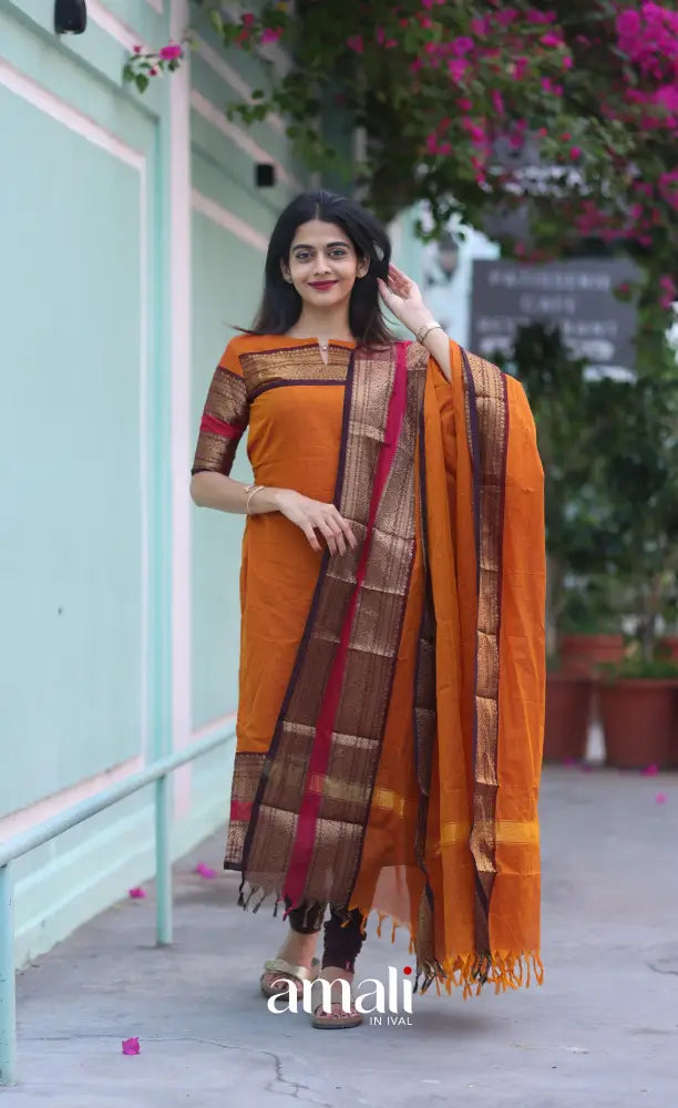 Meera Chettinad Cotton Salwar - Orange and dark Brown salwar
