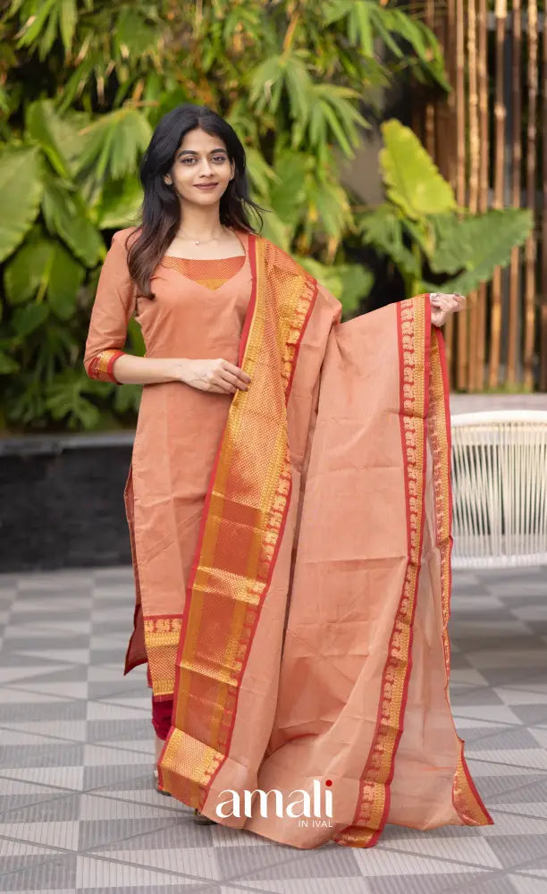 Meera Chettinad Cotton Salwar - Peach and dark Rust Orange salwar