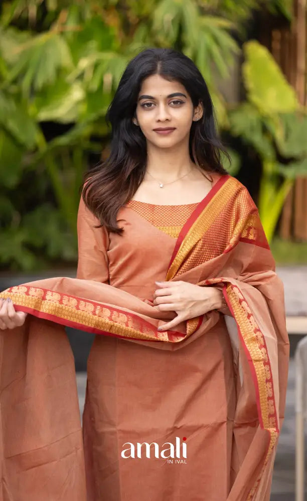 Meera Chettinad Cotton Salwar - Peach and dark Rust Orange salwar