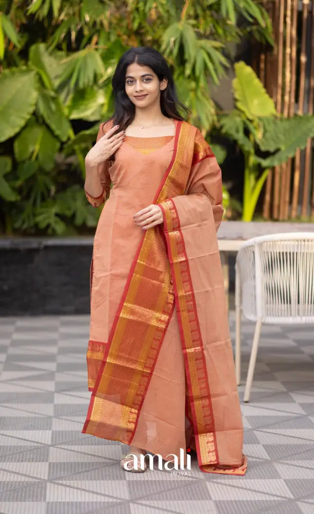 Meera Chettinad Cotton Salwar - Peach and dark Rust Orange salwar