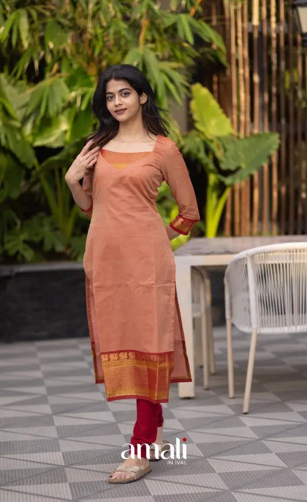 Meera Chettinad Cotton Salwar - Peach and dark Rust Orange salwar