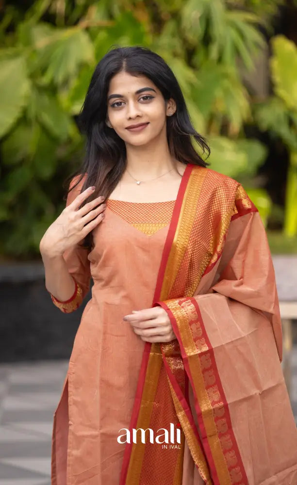 Meera Chettinad Cotton Salwar - Peach and dark Rust Orange salwar