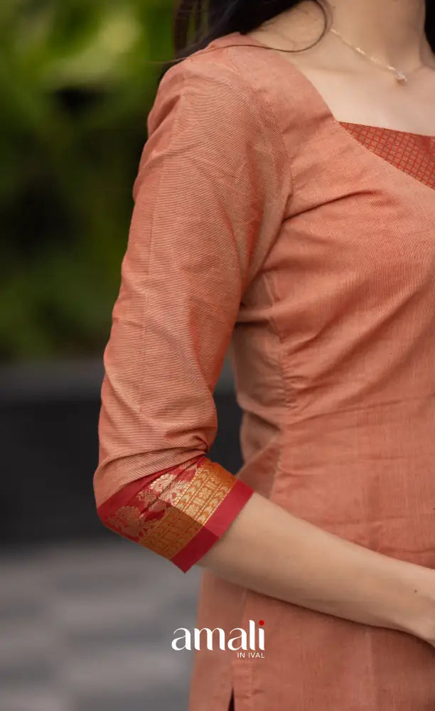 Meera Chettinad Cotton Salwar - Peach and dark Rust Orange salwar