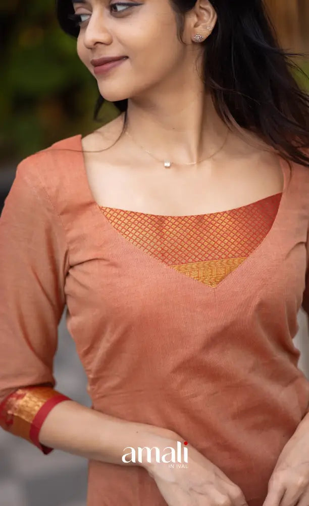 Meera Chettinad Cotton Salwar - Peach and dark Rust Orange salwar