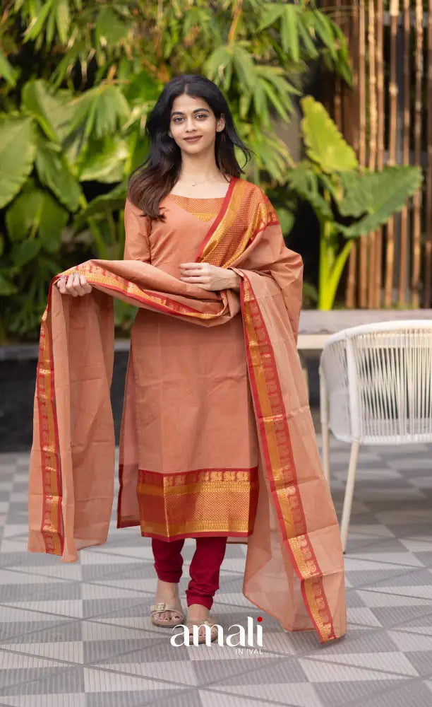 Meera Chettinad Cotton Salwar - Peach and dark Rust Orange salwar