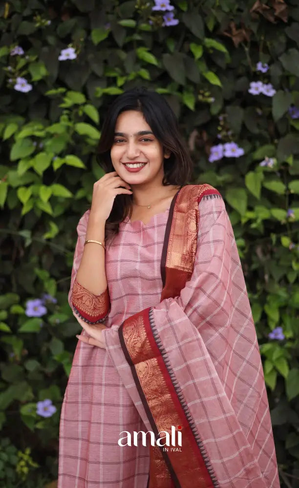 Meera Chettinad Cotton Salwar - Pink and Dark maroon salwar