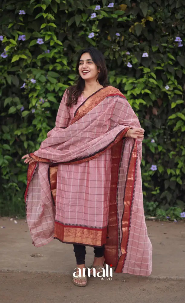 Meera Chettinad Cotton Salwar - Pink and Dark maroon salwar