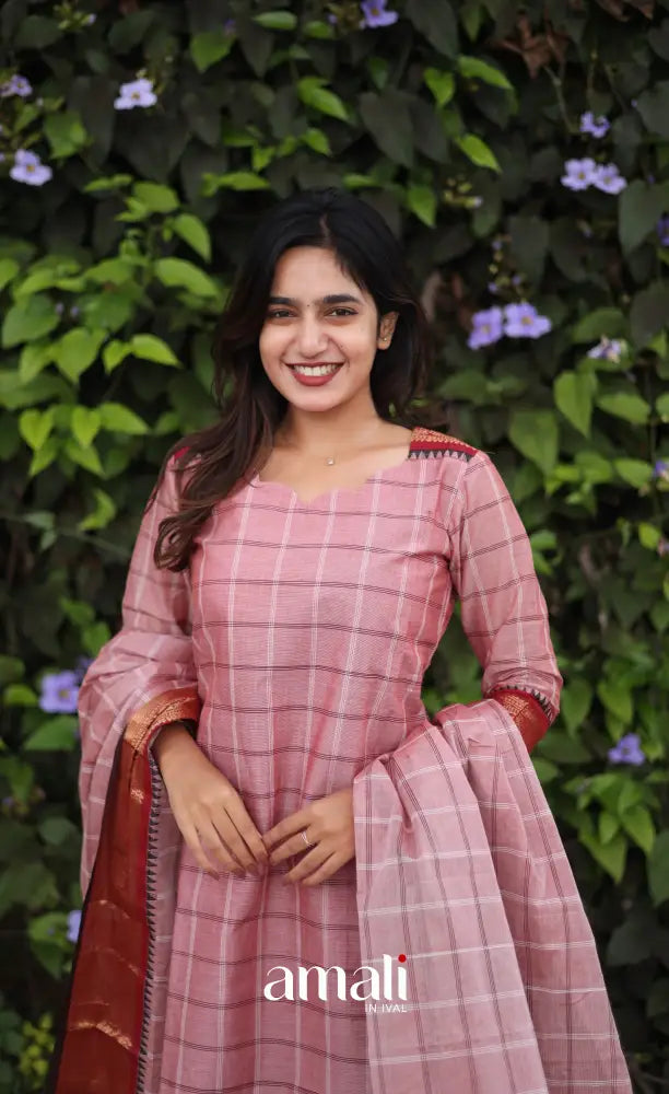 Meera Chettinad Cotton Salwar - Pink and Dark maroon salwar