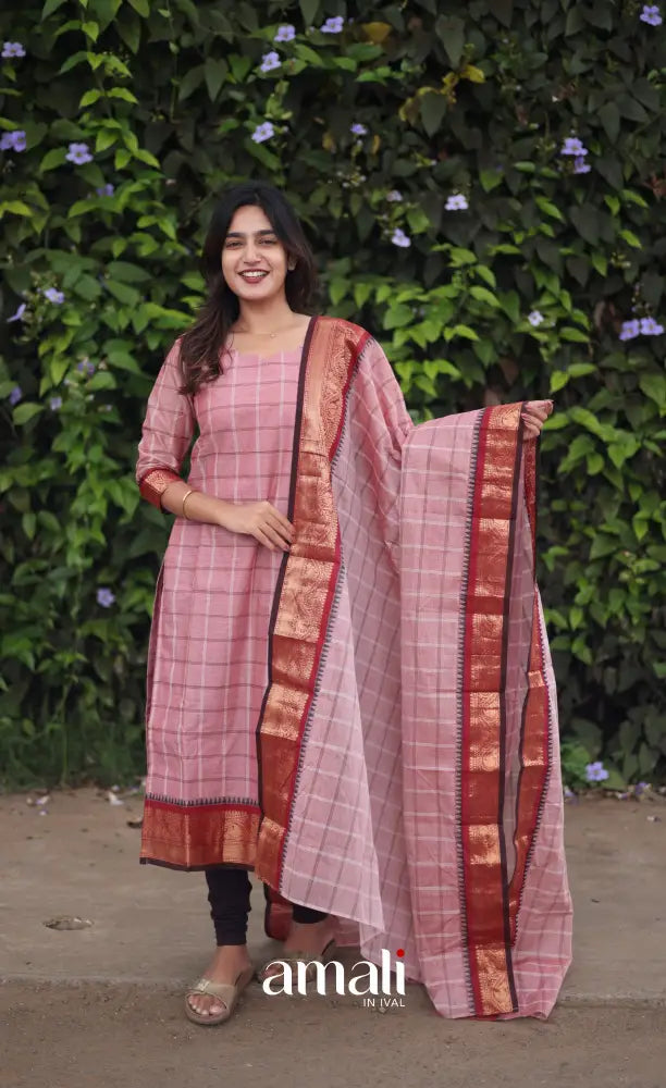 Meera Chettinad Cotton Salwar - Pink and Dark maroon salwar