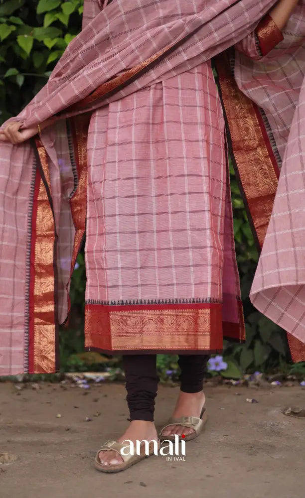 Meera Chettinad Cotton Salwar - Pink and Dark maroon salwar