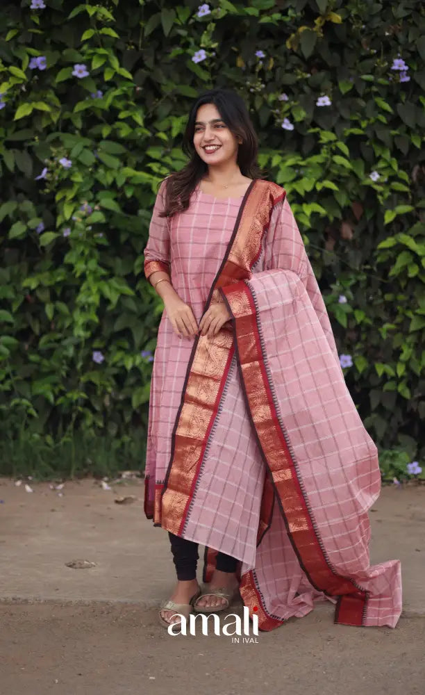 Meera Chettinad Cotton Salwar - Pink and Dark maroon salwar