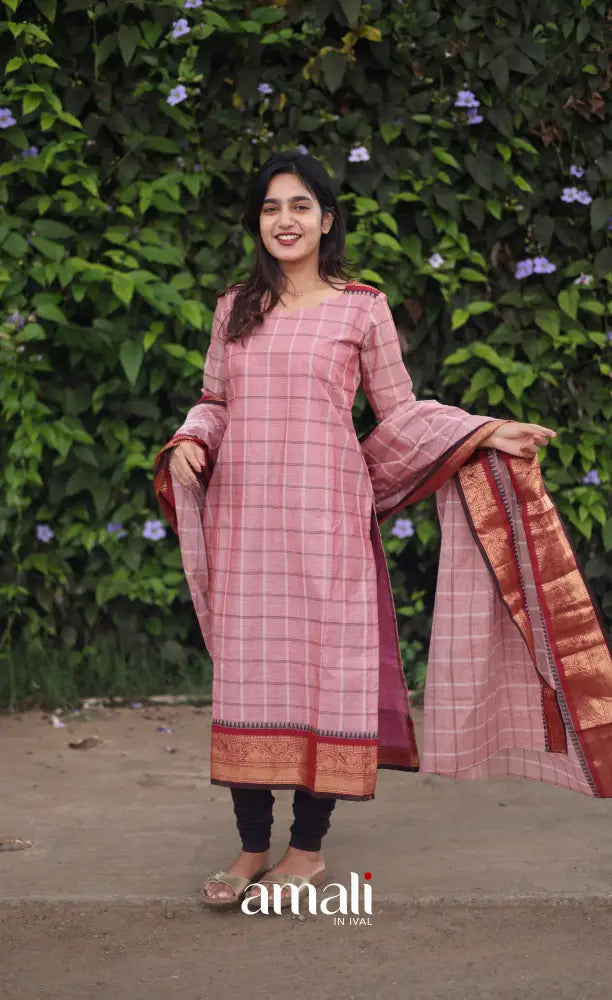 Meera Chettinad Cotton Salwar - Pink and Dark maroon salwar