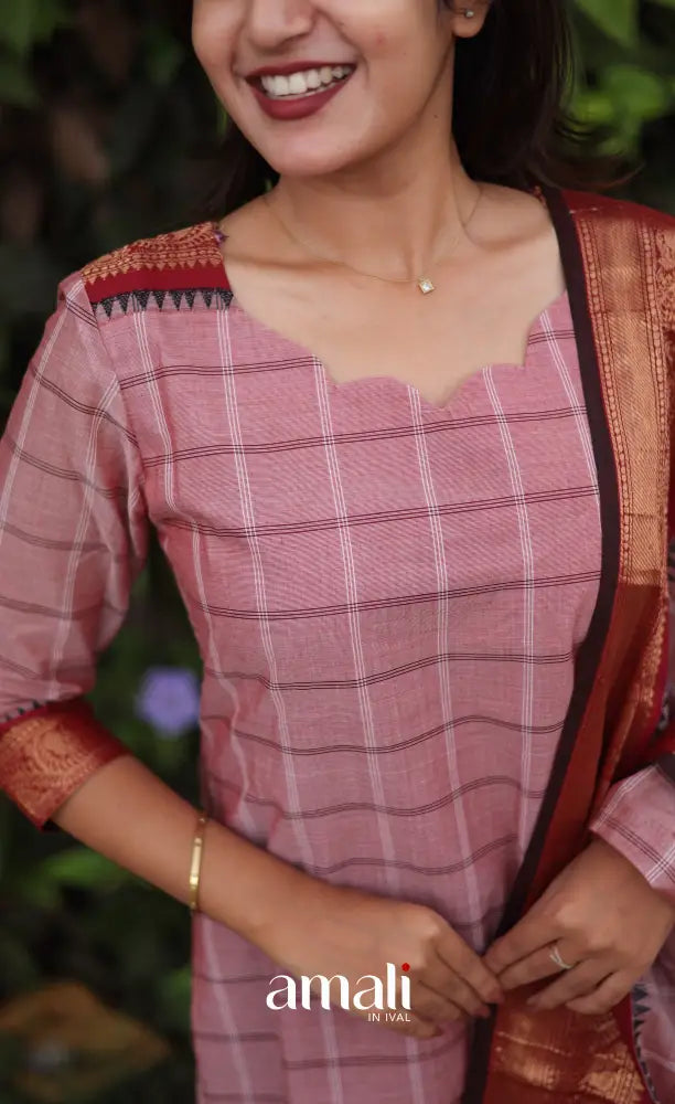 Meera Chettinad Cotton Salwar - Pink and Dark maroon salwar
