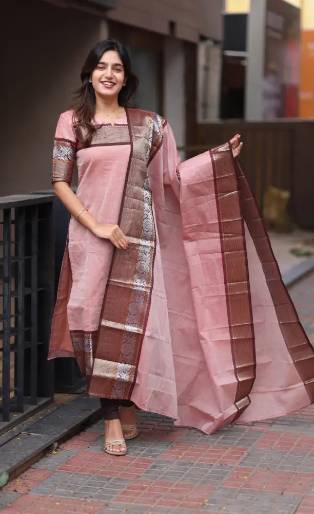 Meera Chettinad Cotton Salwar - Pink and Maroonish Brown salwar