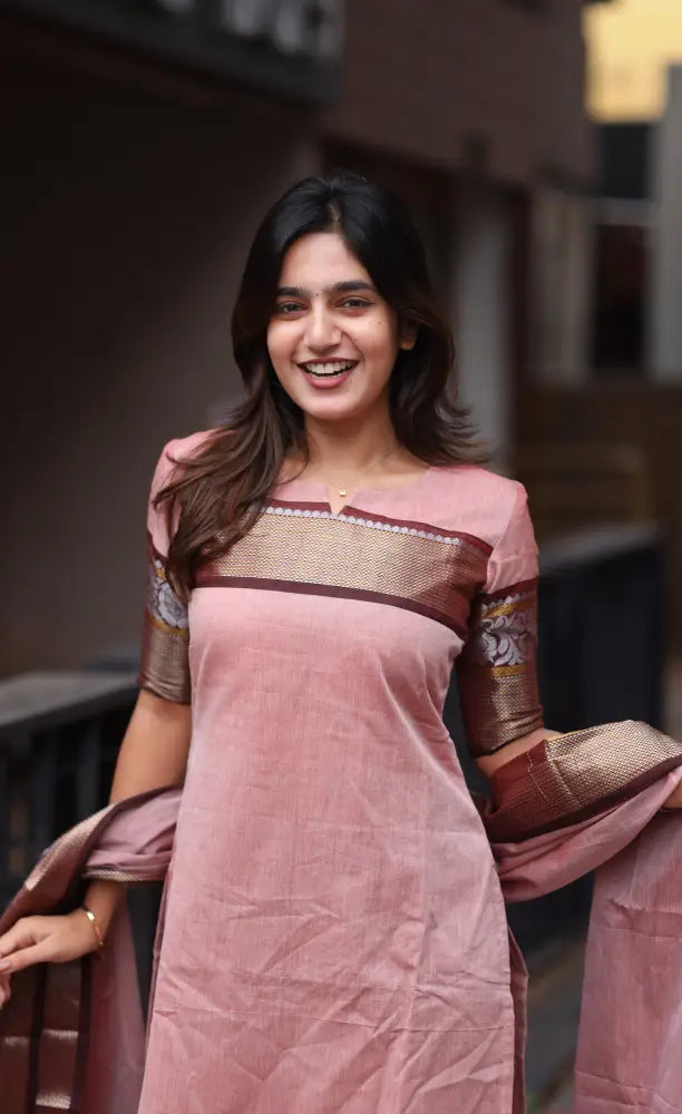 Meera Chettinad Cotton Salwar - Pink and Maroonish Brown salwar
