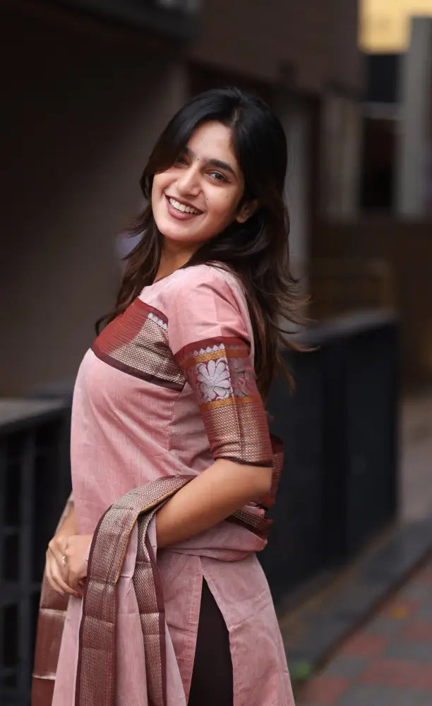Meera Chettinad Cotton Salwar - Pink and Maroonish Brown salwar