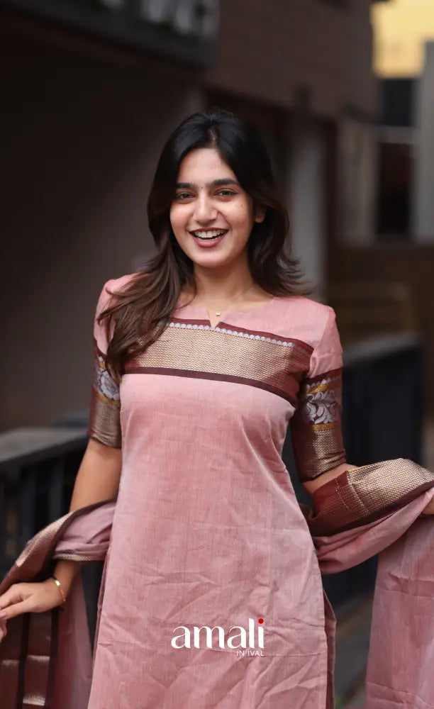 Meera Chettinad Cotton Salwar - Pink and Maroonish Brown salwar