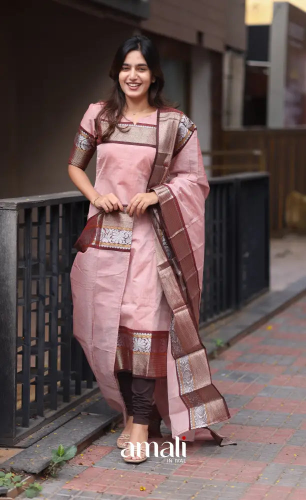 Meera Chettinad Cotton Salwar - Pink and Maroonish Brown salwar