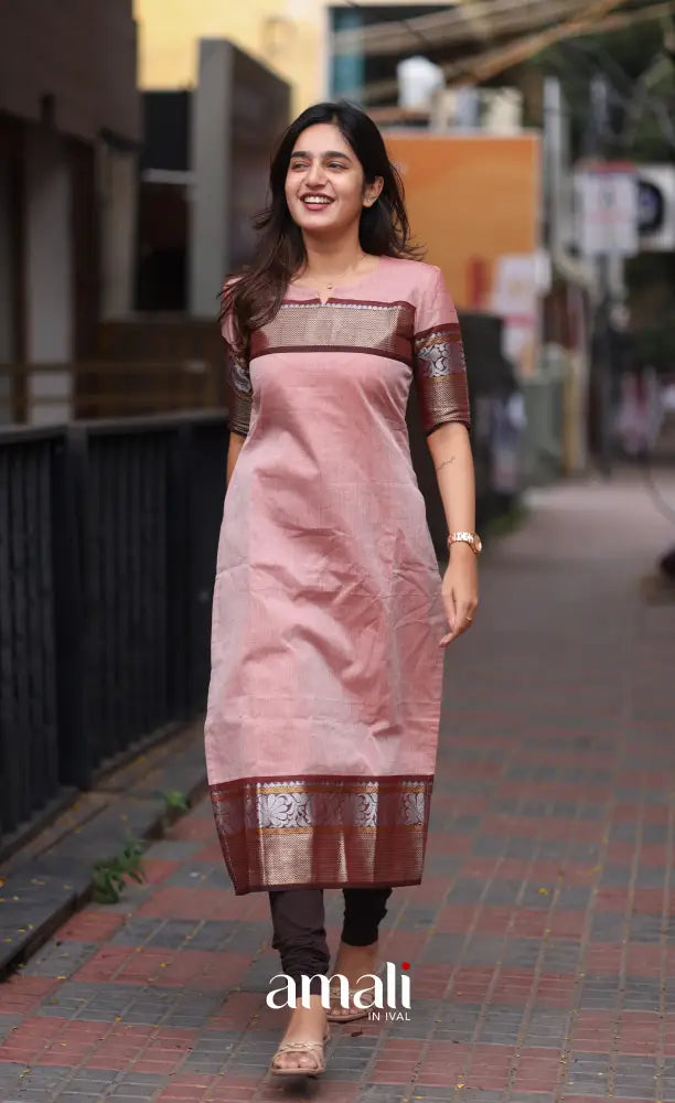Meera Chettinad Cotton Salwar - Pink and Maroonish Brown salwar