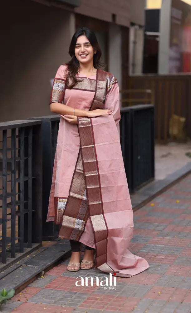 Meera Chettinad Cotton Salwar - Pink and Maroonish Brown salwar