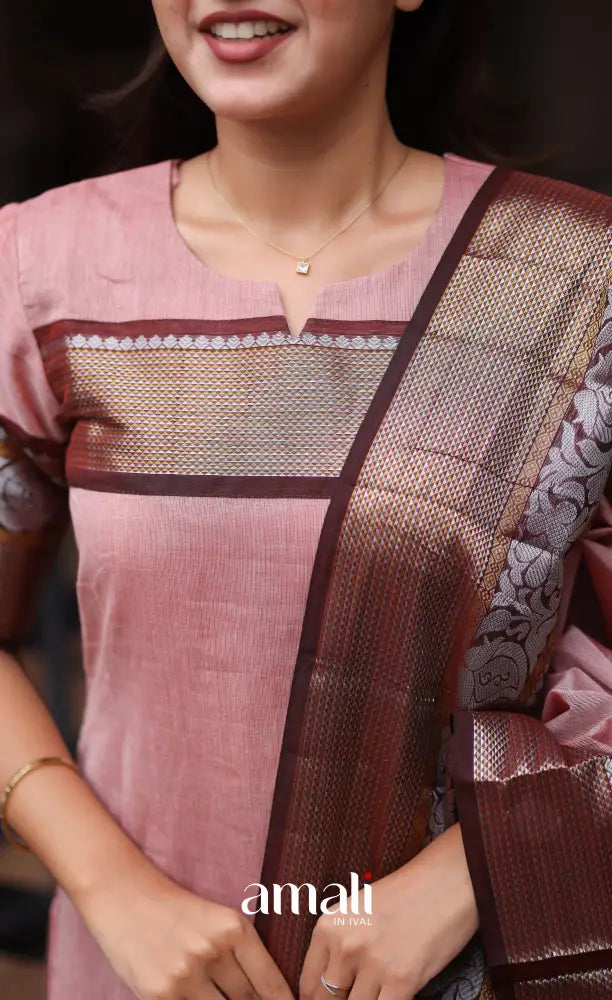 Meera Chettinad Cotton Salwar - Pink and Maroonish Brown salwar
