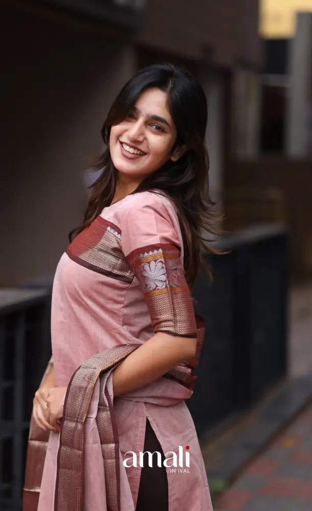 Meera Chettinad Cotton Salwar - Pink and Maroonish Brown salwar