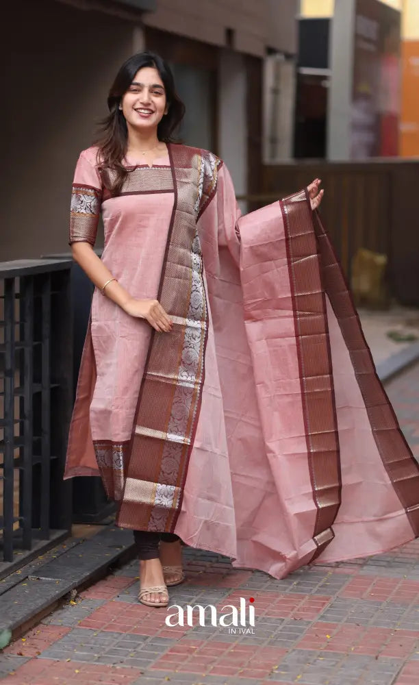 Meera Chettinad Cotton Salwar - Pink and Maroonish Brown salwar