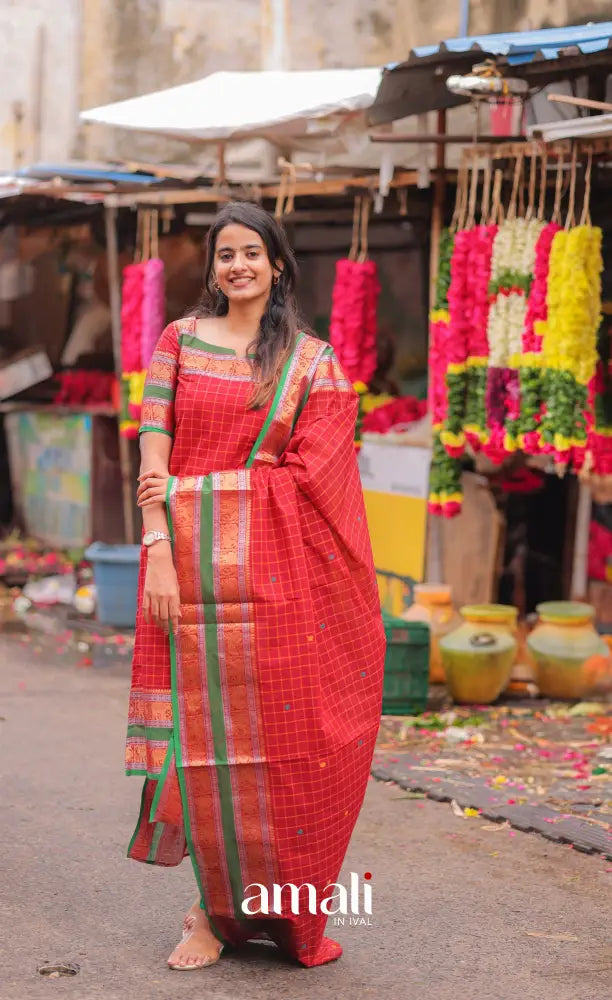 Meera Chettinad Cotton Salwar - Red and Green salwar