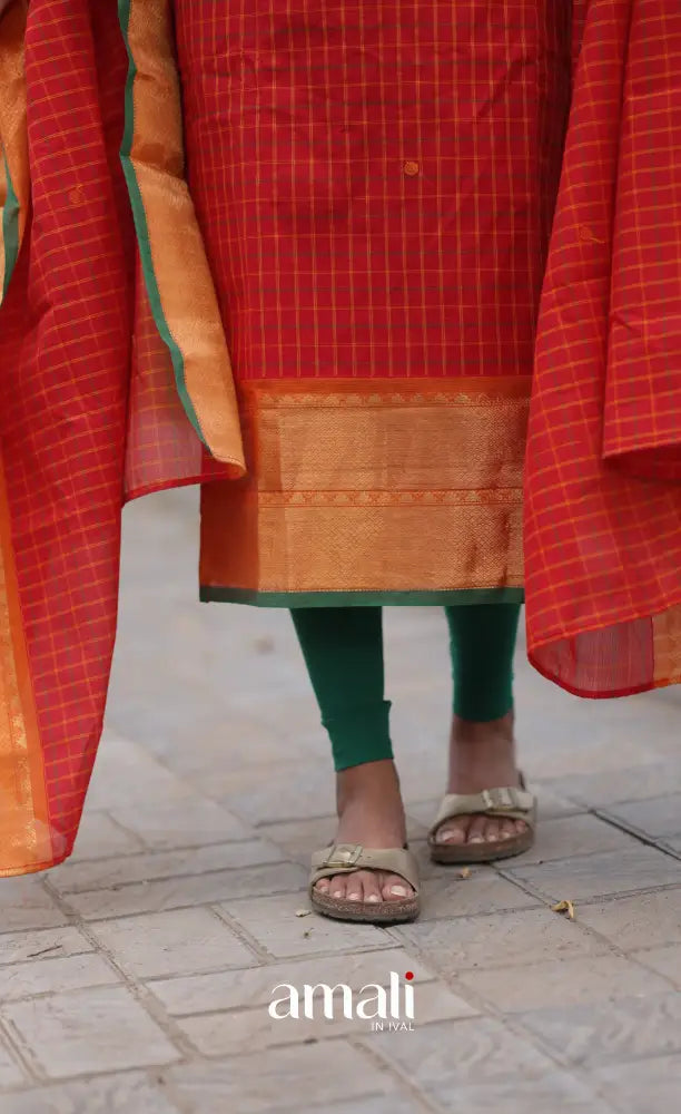 Meera Chettinad Cotton Salwar - Red and Green salwar