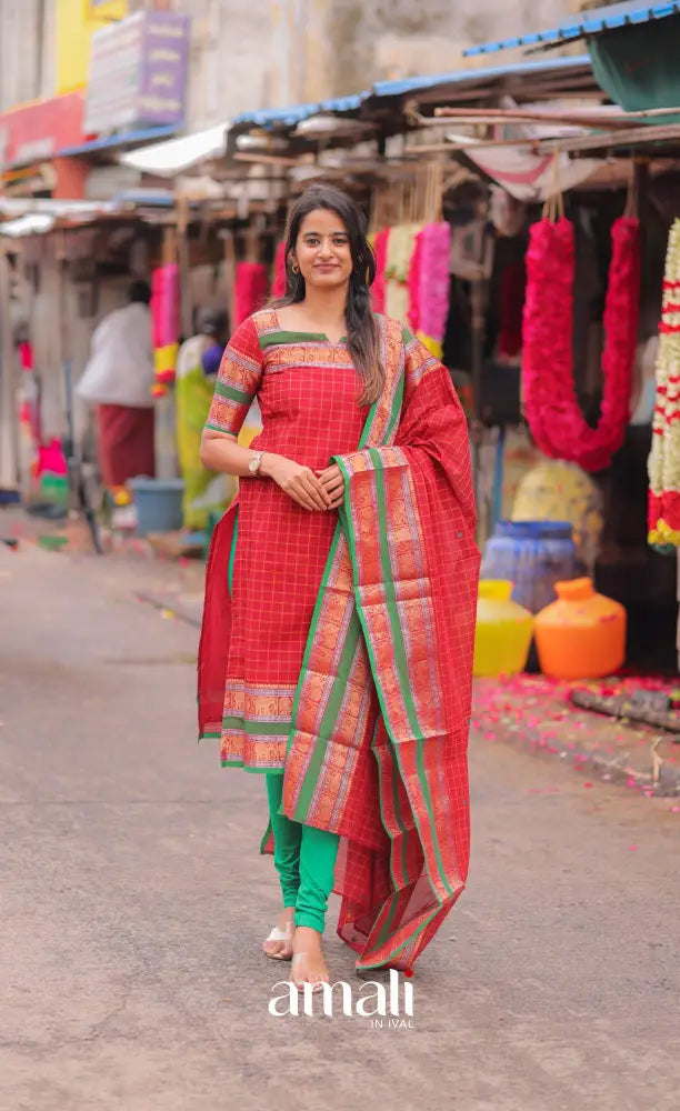 Meera Chettinad Cotton Salwar - Red and Green salwar