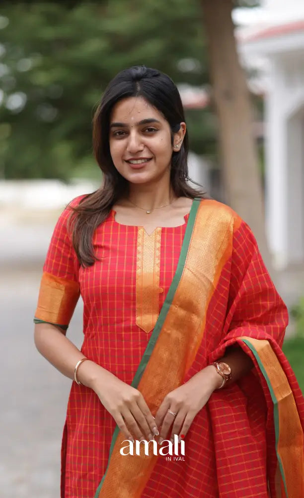 Meera Chettinad Cotton Salwar - Red and Green salwar