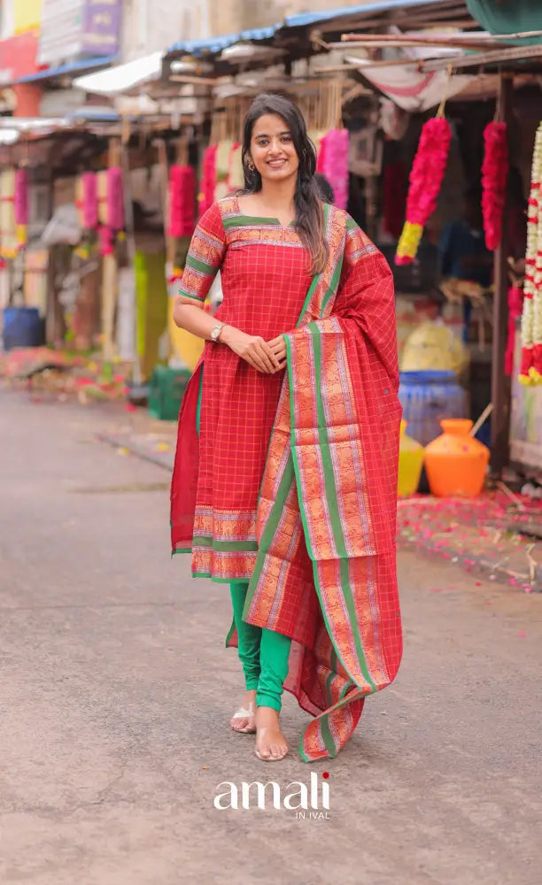 Meera Chettinad Cotton Salwar - Red and Green salwar