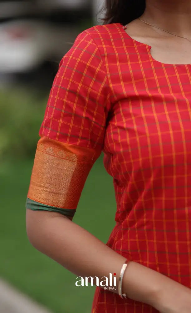 Meera Chettinad Cotton Salwar - Red and Green salwar