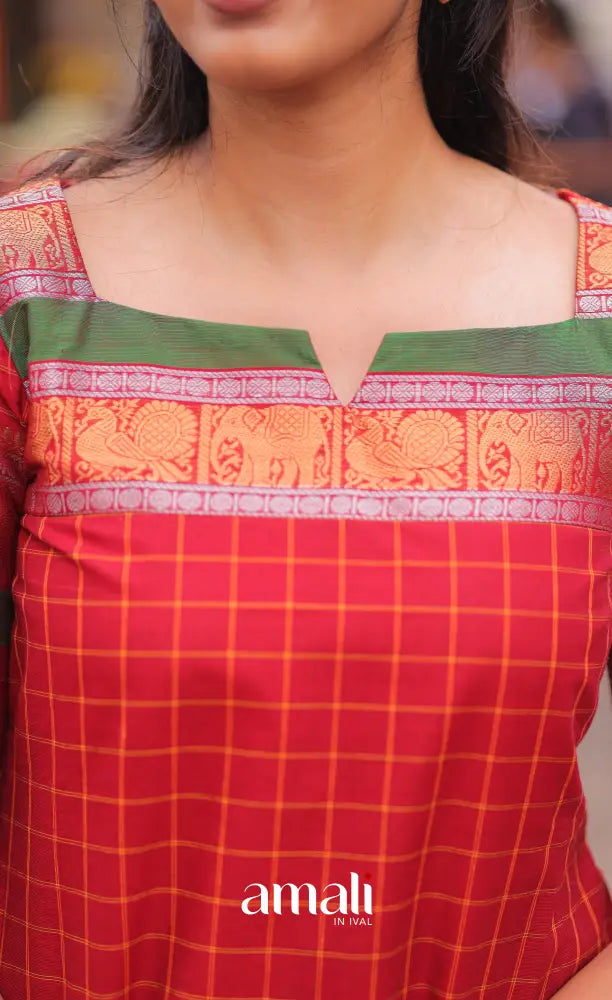 Meera Chettinad Cotton Salwar - Red and Green salwar