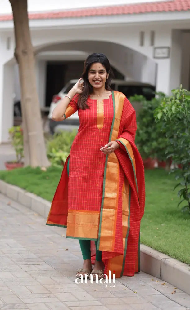 Meera Chettinad Cotton Salwar - Red and Green salwar