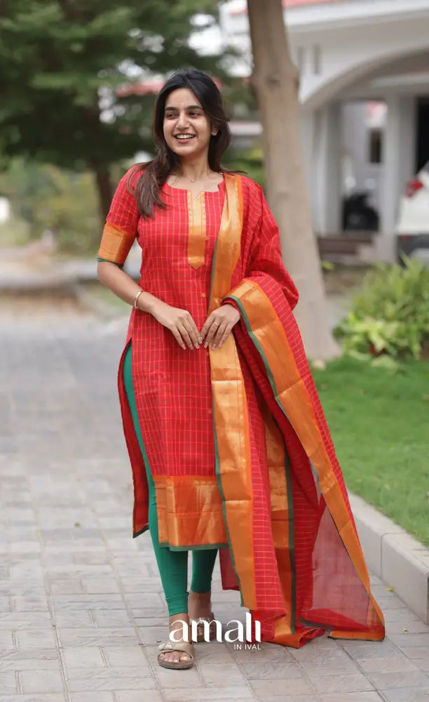 Meera Chettinad Cotton Salwar - Red and Green salwar