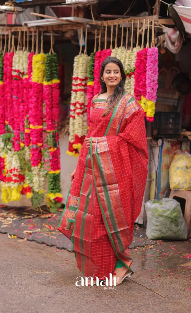 Meera Chettinad Cotton Salwar - Red and Green salwar