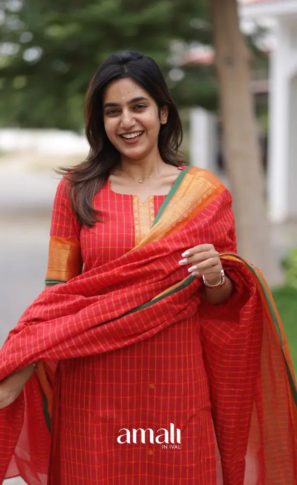 Meera Chettinad Cotton Salwar - Red and Green salwar