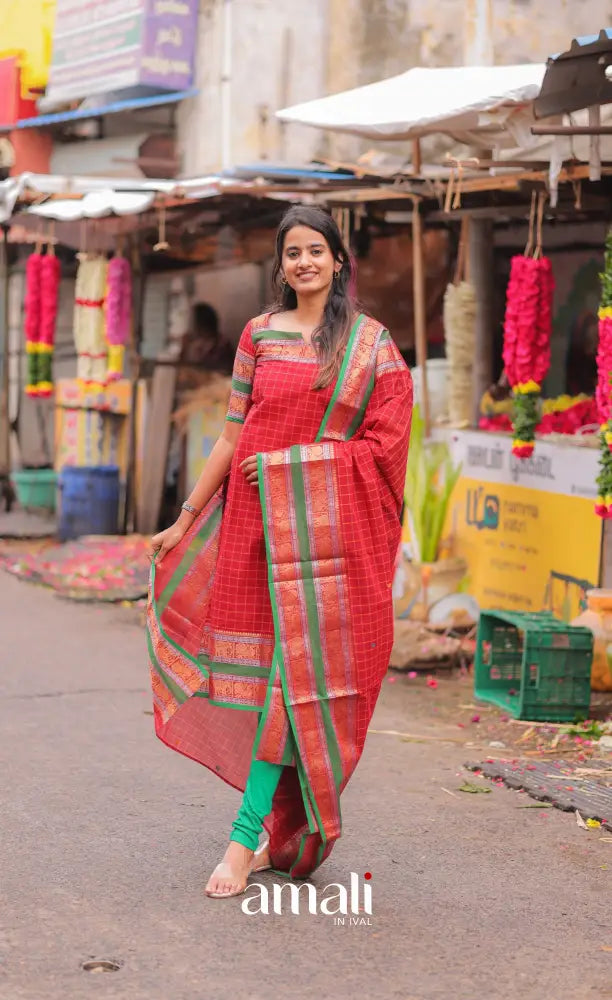 Meera Chettinad Cotton Salwar - Red and Green salwar