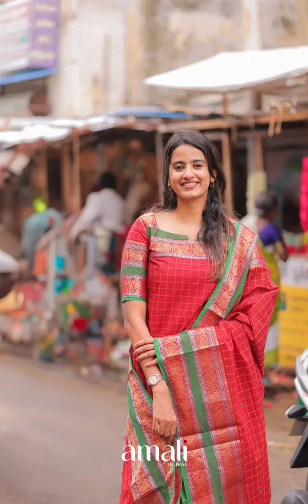 Meera Chettinad Cotton Salwar - Red and Green salwar