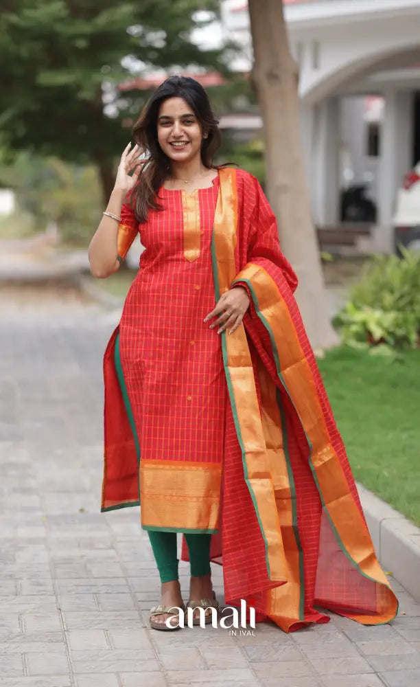 Meera Chettinad Cotton Salwar - Red and Green salwar
