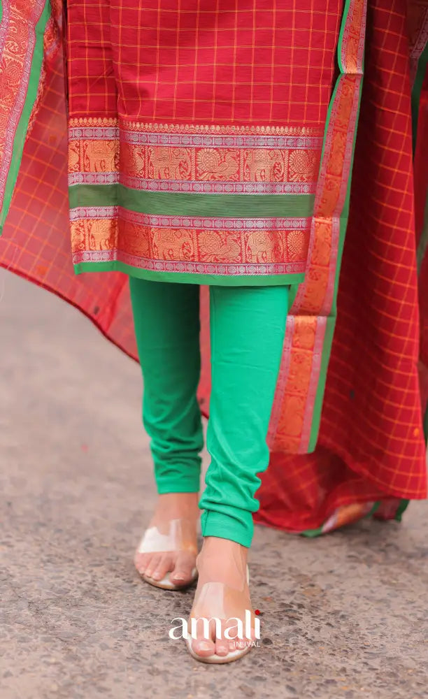 Meera Chettinad Cotton Salwar - Red and Green salwar