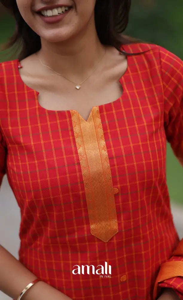 Meera Chettinad Cotton Salwar - Red and Green salwar