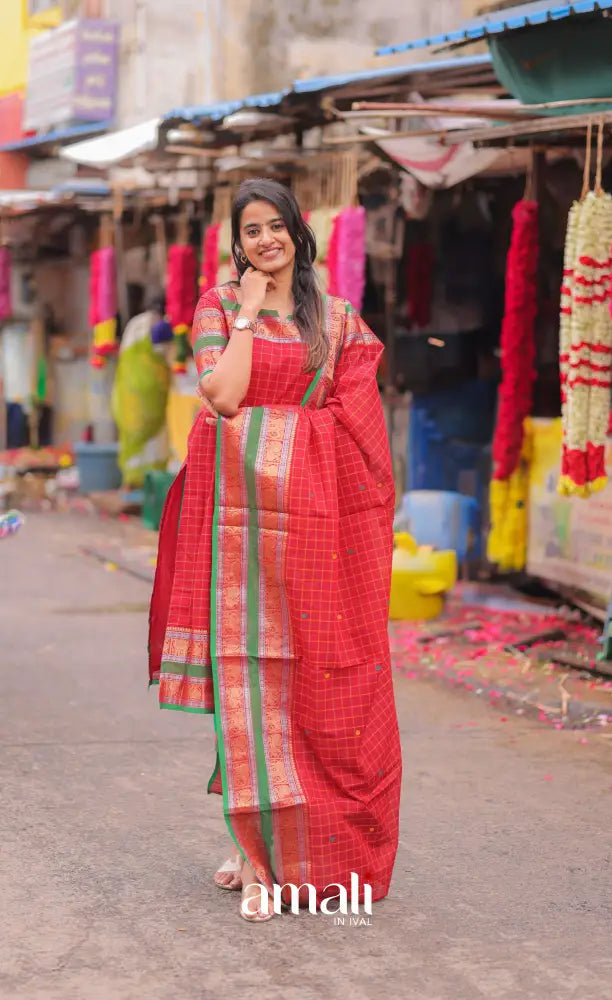 Meera Chettinad Cotton Salwar - Red and Green salwar