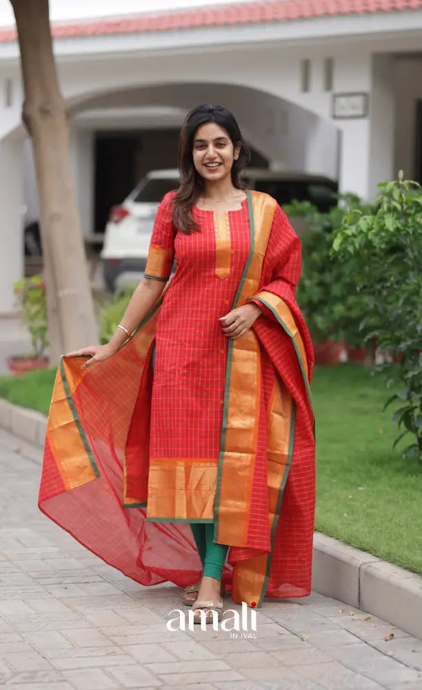 Meera Chettinad Cotton Salwar - Red and Green salwar