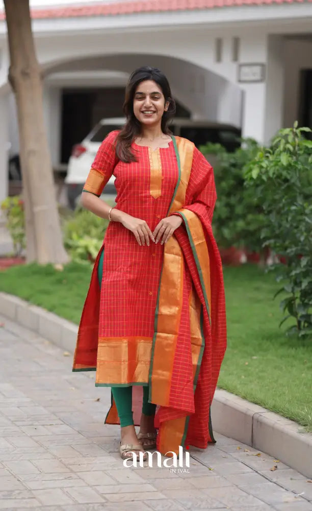 Meera Chettinad Cotton Salwar - Red and Green salwar