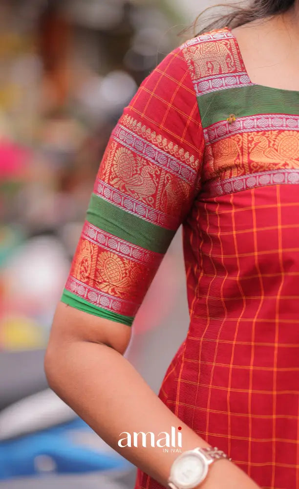 Meera Chettinad Cotton Salwar - Red and Green salwar