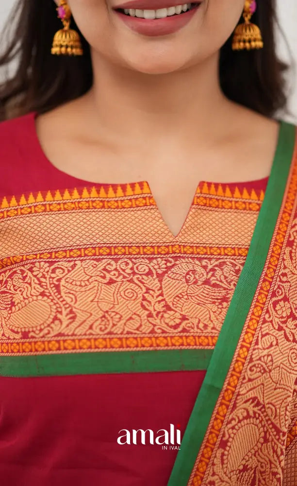 Meera Chettinad Cotton Salwar - Reddish Maroon and Deep Green - salwar