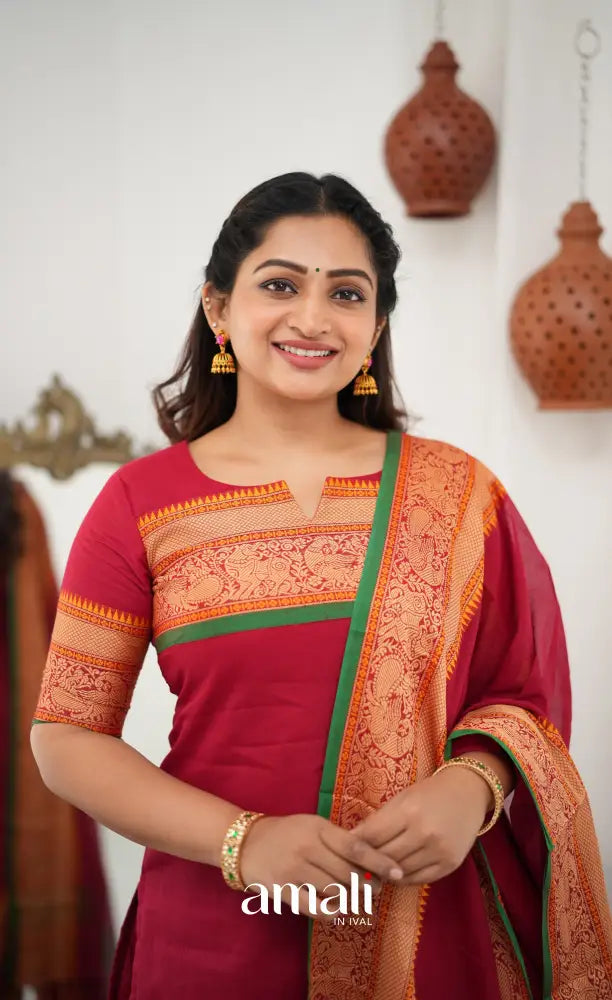 Meera Chettinad Cotton Salwar - Reddish Maroon and Deep Green - salwar