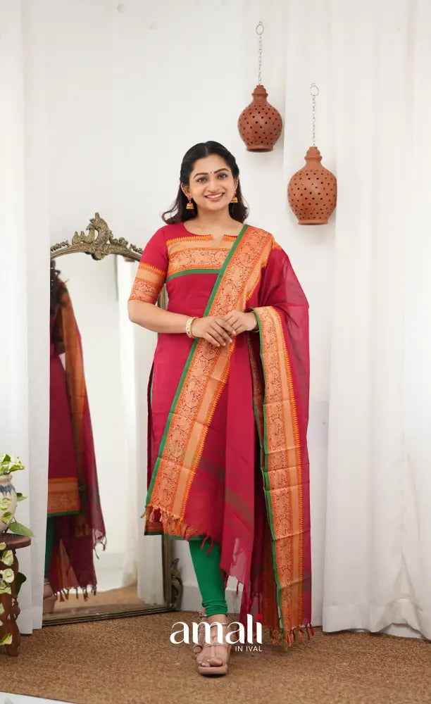Meera Chettinad Cotton Salwar - Reddish Maroon and Deep Green - salwar